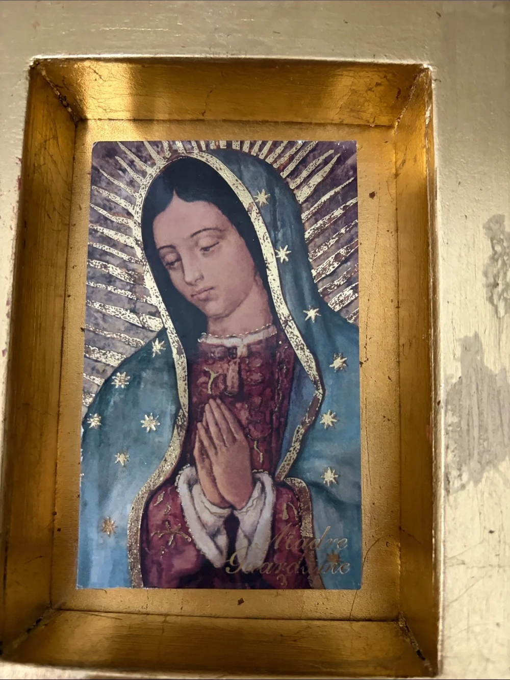 Gold leaf HandPainted Virgen De Guadalupe Wood Shadow Box Art Decor PreOwned